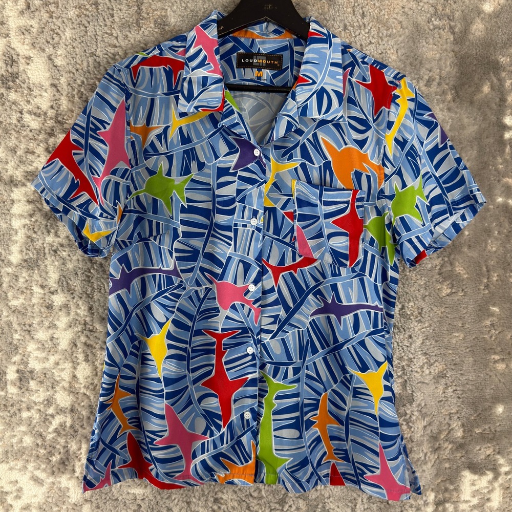 Loudmouth Size M Shark Palm Leaf Print Button Up Shirt Blue Short Sleeve Women